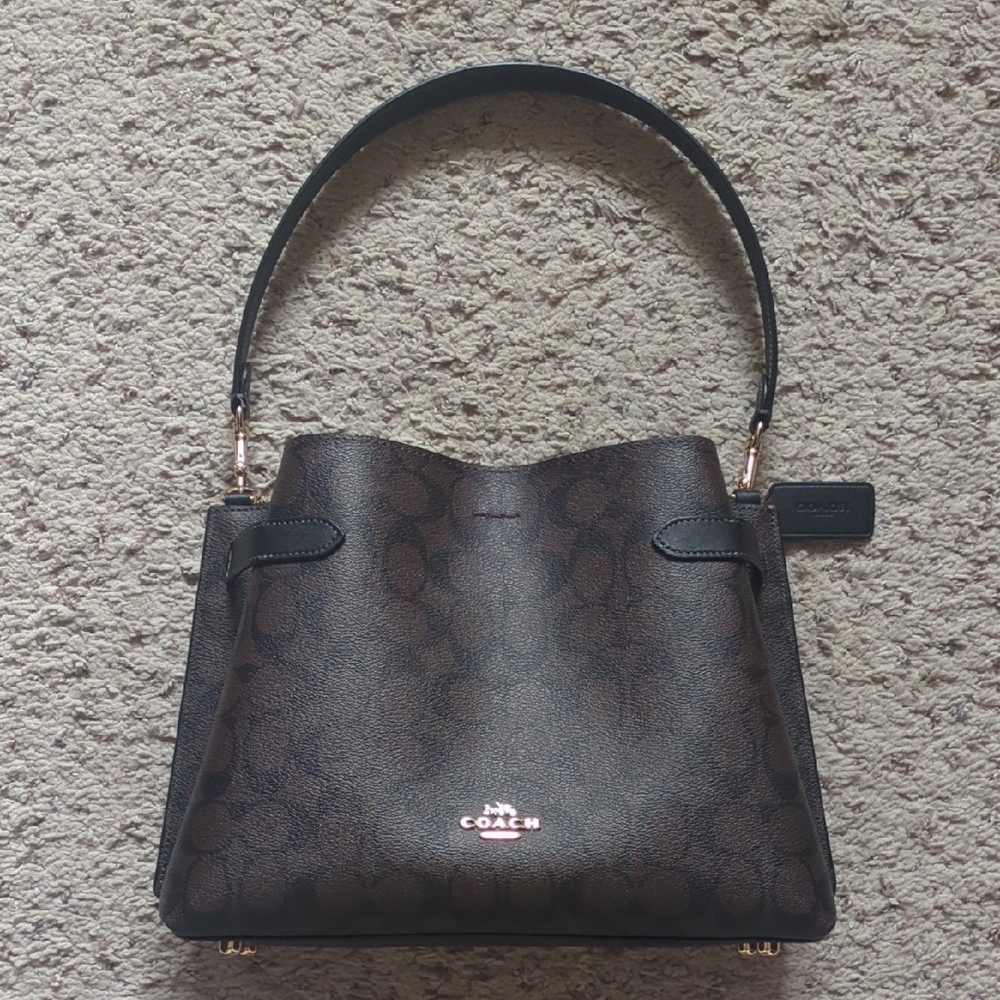 Coach Dark Brown Signature Shoulder Bag with Black Handle